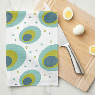 Peacock Turquoise Green Blue Oval Pattern Mid Mod Kitchen Towel