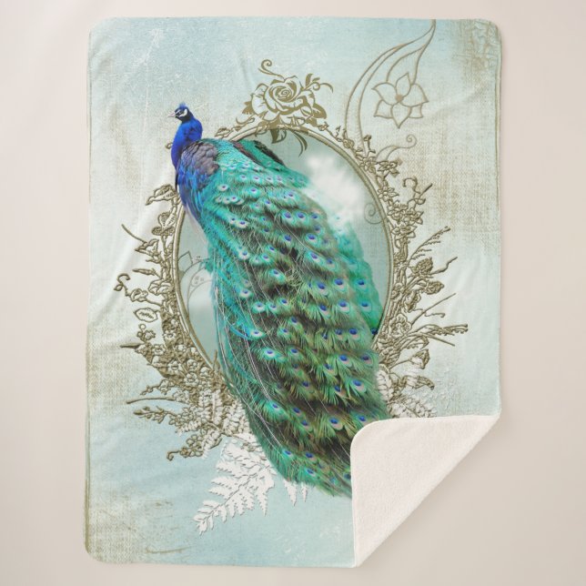 Peacock turquoise shabby chic Sherpa Blanket (Front)