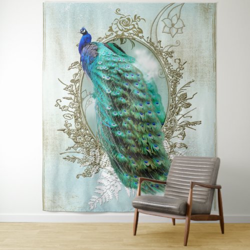 Peacock turquoise vintage shabby bird tapestry