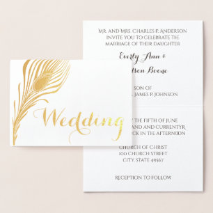 Peacock Typography Gold Foil Wedding Invitations
