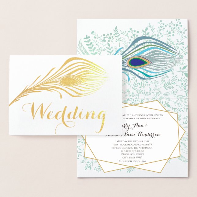 Peacock Typography Silver Foil Wedding Invitations (Display)