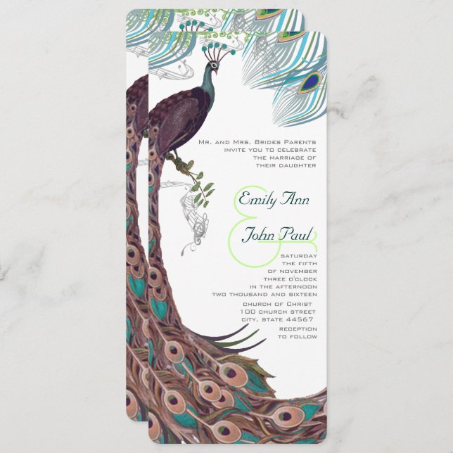 Peacock Vintage 3 Feathers Invitation (Front/Back)