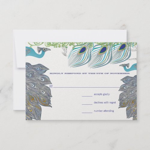 Peacock Vintage 3 Feathers with 2 Peacocks RSVP Card