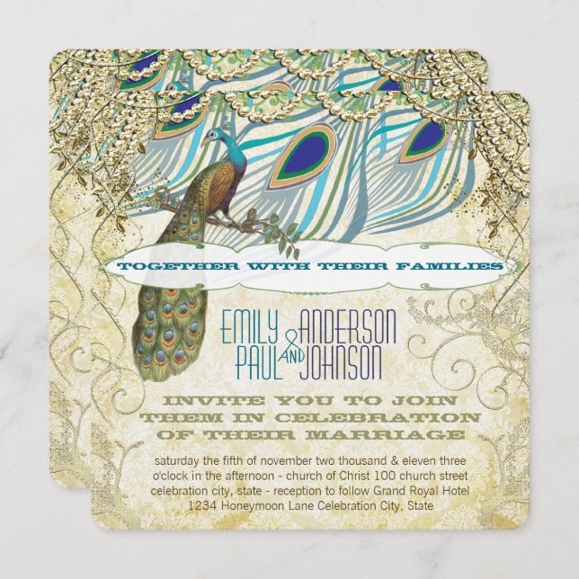 Peacock Vintage 3 Feathers with Peacock Invitation (Front/Back)