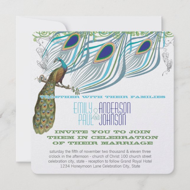 Peacock Vintage 3 Feathers with Peacock Invitation (Front)