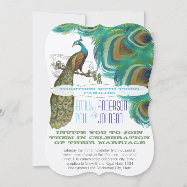 Peacock Vintage 4 Feathers Die Cut Wedding Invitation (Front)