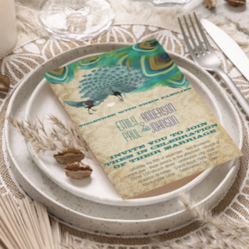 Peacock Vintage 4 Feathers With Peacock Invitation by samack at Zazzle