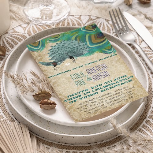 Peacock Vintage 4 Feathers with Peacock Invitation
