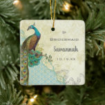Peacock Vintage Bird Maid of Honor Bridesmaid Ceramic Ornament<br><div class="desc">Aqua,  Blue,  Teal,  Copper,  Brown,  Tan,  Beige,  and Green with Faux Distressed Parchment Lace Background.  Peacock Vintage Bird Maid of Honor Bridesmaid.  Perfect Favor Gift for Bridesmaids for a Roaring 20s,  Gatsby,  Medieval,  Renaissance,  Vintage Love Bird,  Lovebird,  Whimsical Wedding Theme.</div>