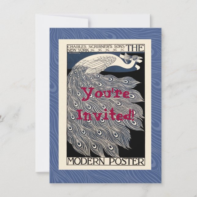 Peacock Vintage Blue Art Nouveau Art Invitation (Front)
