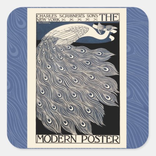 Peacock Vintage Blue Art Nouveau Art Square Sticker