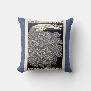 Peacock Vintage Blue Art Nouveau Art Throw Pillow
