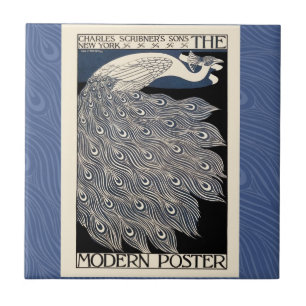 Peacock Vintage Blue Art Nouveau Art Tile