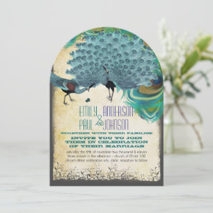 Peacock Vintage Feather Swirl Burnt Edge Parchment Invitation