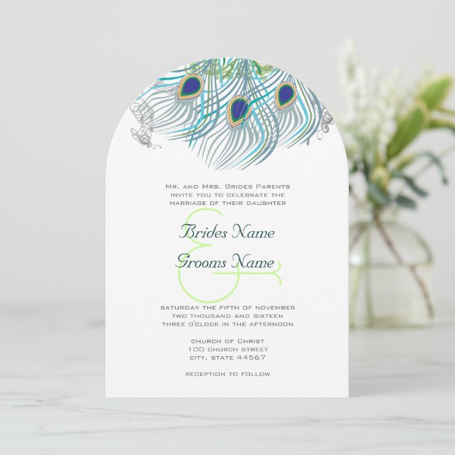 Peacock Vintage Feathers Invitation (Standing Front)