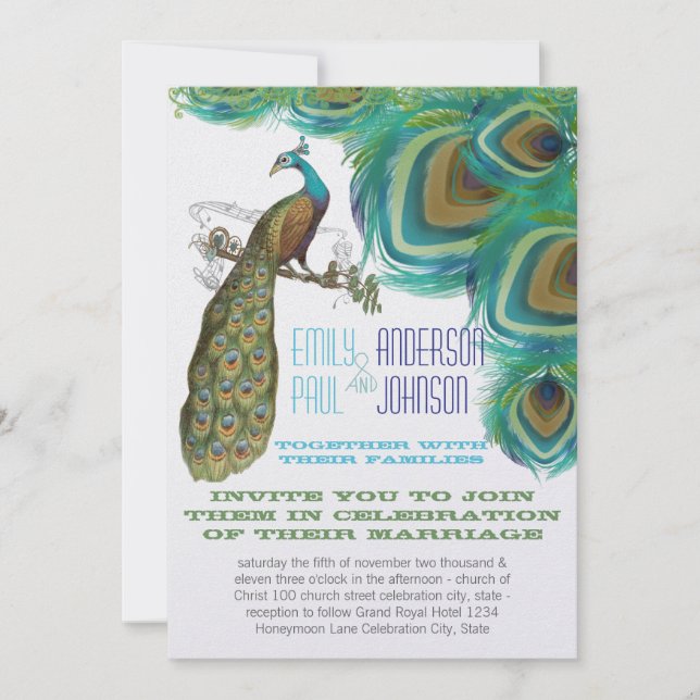 Peacock Vintage  Feathers with Peacock Invitation (Front)
