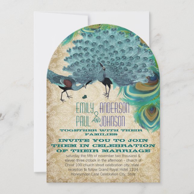 Peacock Vintage  Feathers with Peacocks Invitation (Front)
