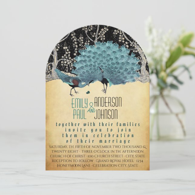 Peacock Vintage  Feathers with Peacocks Invitation (Standing Front)