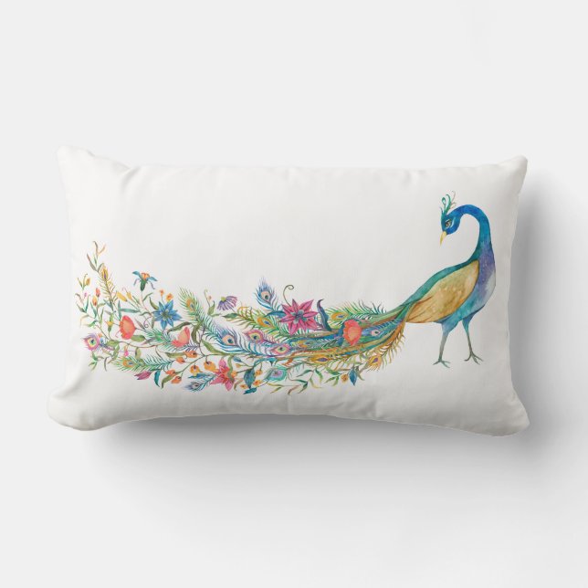Peacock Vintage Illustration Lumbar Throw Pillow (Front)