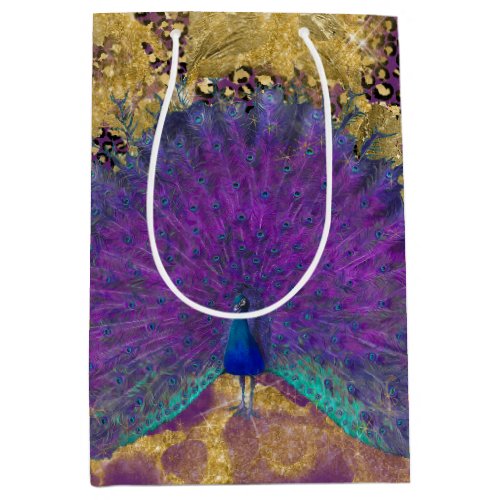 Peacock Vintage Leopard Purple and Gold Decoupage Medium Gift Bag