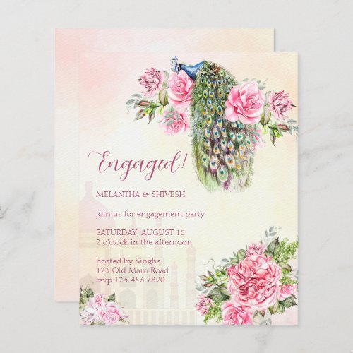 Peacock vintage roses engagement budget invite