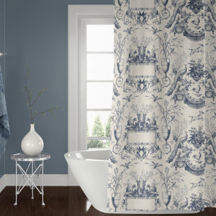 Peacock Vintage Toile Blue White Rooster n Rabbit Shower Curtain