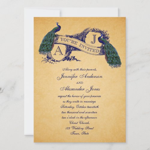 Peacock Vintage Wedding Invitation | Blue
