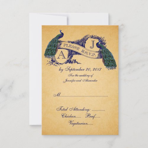 Peacock Vintage Wedding RSVP CARD | Blue