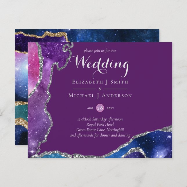 Peacock Violet Blue Agate Wedding Invite BUDGET (Front/Back)