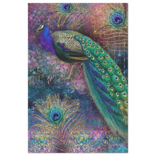 Peacock w Feathers Elegant Gold Glitter Decoupage Tissue Paper | Zazzle