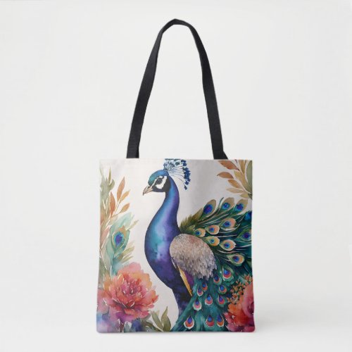 Peacock Watercolor Art Floral Portrait Tote Bag