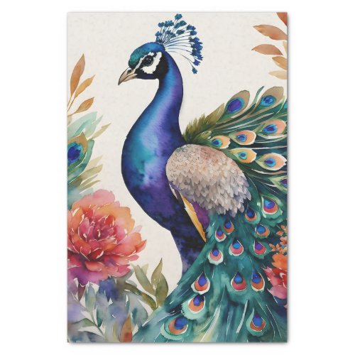 Peacock Watercolor Art Floral Tissue Paper