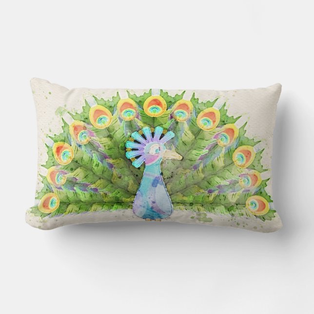 Peacock Watercolor Art Lumbar Pillow (Front)