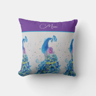 Peacock Watercolor Blue Painting Mothers Day Throw Pillow
