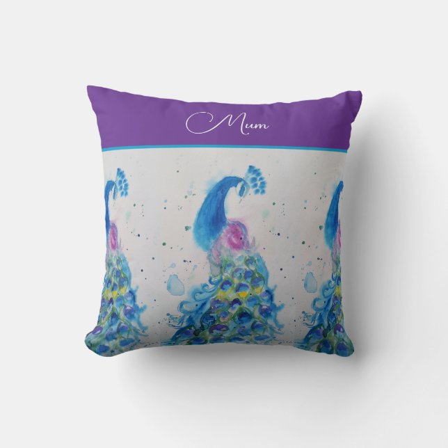 Peacock Watercolor Blue Painting Mothers Day Throw Pillow (Front)