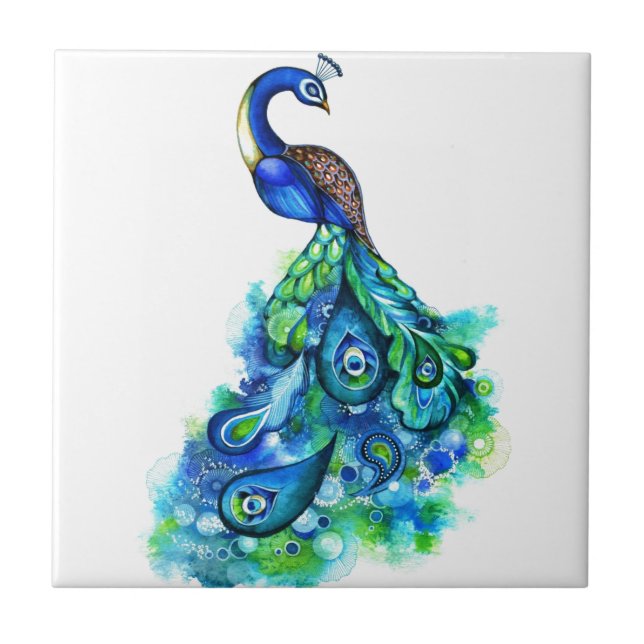 Peacock Watercolor Ceramic Tile (Front)
