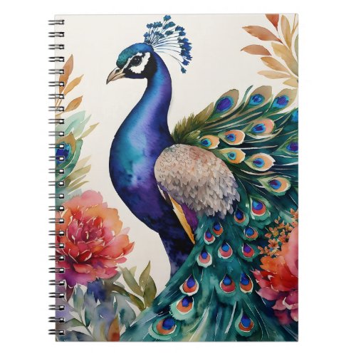 Peacock Watercolor Floral Portrait Notebook