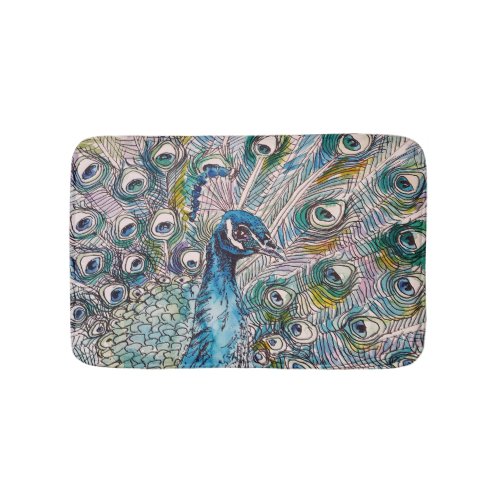 Peacock Watercolor Painting Bird Birds Bath Mat