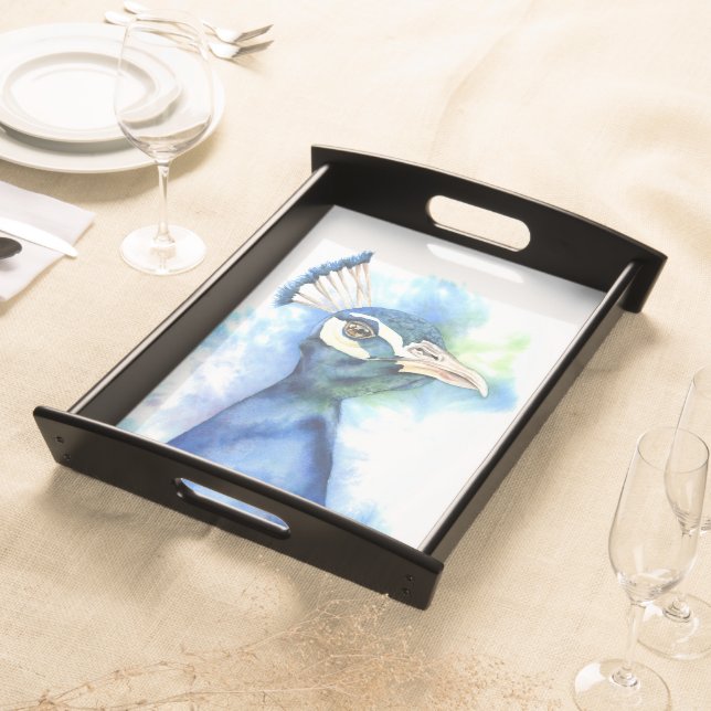 Peacock Watercolor Painting Serving Tray (Front)