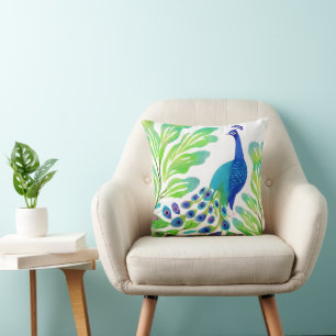 Peacock Watercolor Throw Pillow