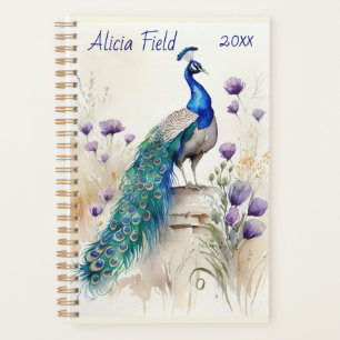 Peacock watercolor vibrant colors your name planner