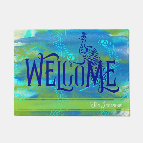 Peacock Watercolor Welcome Personalized Doormat