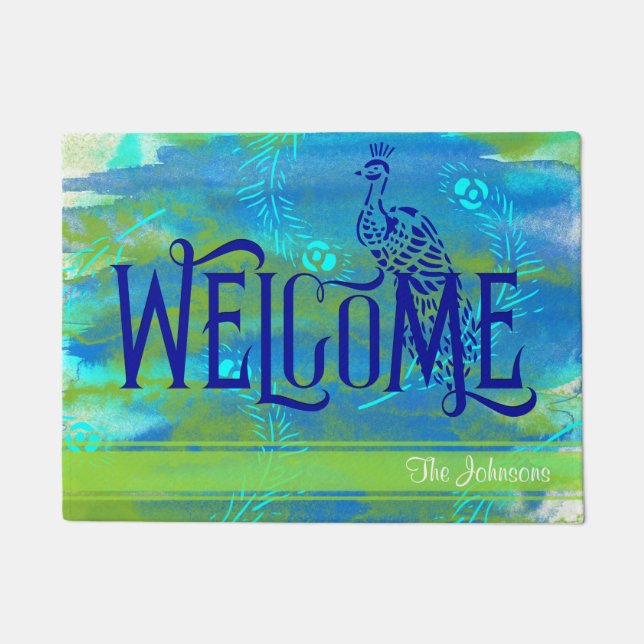 Peacock Watercolor Welcome Personalized Doormat (Front)