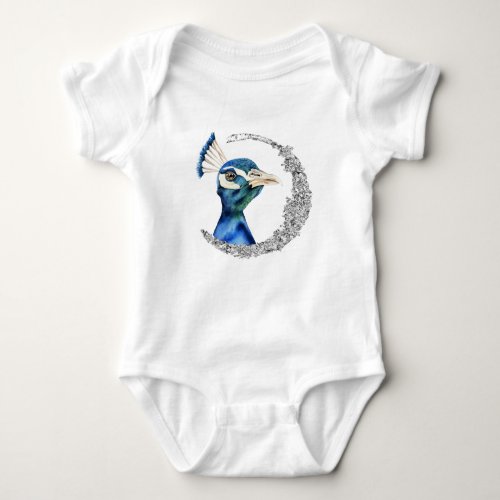 Peacock Watercolor with Faux Silver Glitter Baby Bodysuit