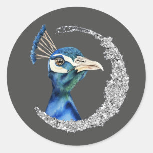 Peacock Watercolor with Faux Silver Glitter Classic Round Sticker