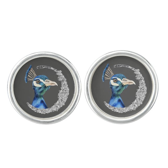 Peacock Watercolor with Faux Silver Glitter Cufflinks (Front)