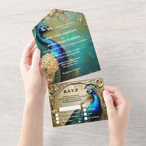 Peacock wedding  dinner rehearsal vintage chic all in one invitation