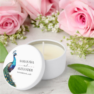 Peacock wedding elegant script bride groom date mini candle favors