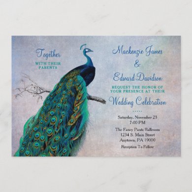 Peacock Wedding Invitation Vintage Blue Elegant