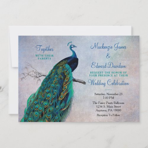 Peacock Wedding Invitation Vintage Blue Elegant